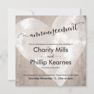 Heart on Wood Postponed Wedding Announcement