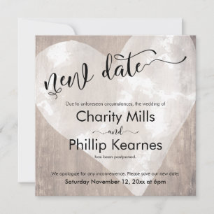 Heart on Wood Postponed Wedding New Date Card