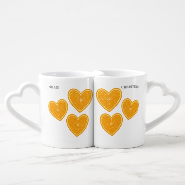 Heart Orange Couples Mug Set – Cute Fruit Gift (Front Nesting)