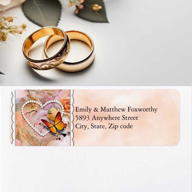 Heart Orange Roses Butterflies Couple Address  Label (Heart Orange Roses Butterflies Couple Address Label)