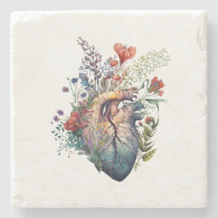 Heart overgrown with florals (cutout) - anatomy stone coaster