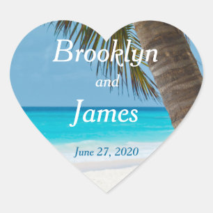 Heart Palm Trees On Beach Wedding Stickers