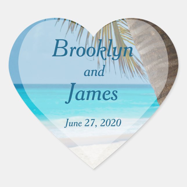 Heart Palm Trees On Beach Wedding Stickers (Front)