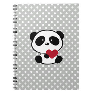 Heart Panda Bear Gray Polka Dots Notebook