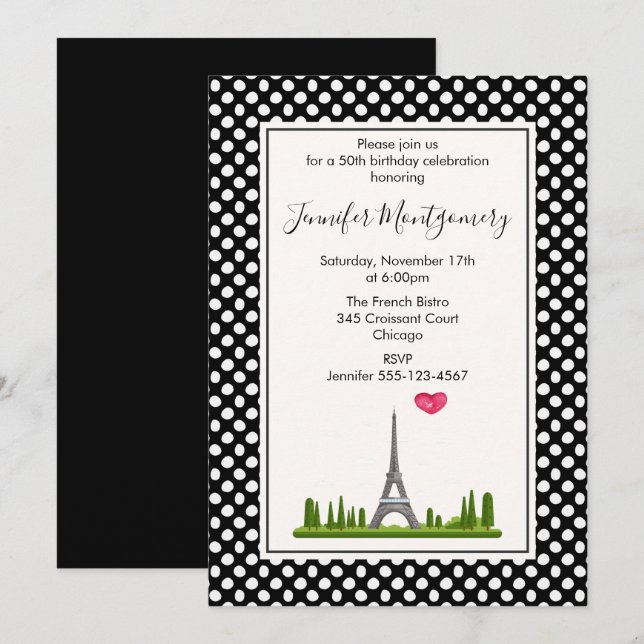 Heart Paris with Eiffel Tower Birthday Party Invitation (Front/Back)