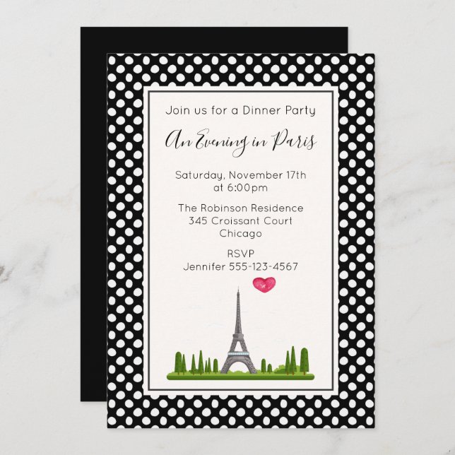 Heart Paris with Eiffel Tower Dinner Party Invitation (Front/Back)