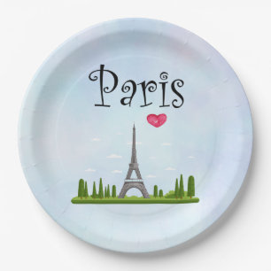 Heart Paris with Eiffel Tower Paper Plates