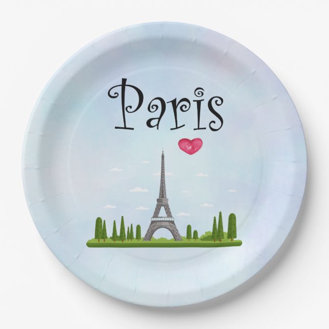 Heart Paris with Eiffel Tower Paper Plates (Front)