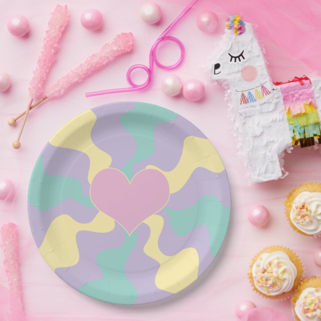 Heart - Pastel Pink, Yellow, Purple and Green Paper Plates (Party)