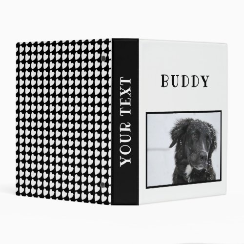 Heart Pattern Black and White Pet Dog Photo Album Mini Binder - Heart Pattern Black and White Pet Dog Photo Album Mini Binder. The binder has a photo of a pet, pet`s name and a heart pattern in black and white on the backside. Personalize with your dog or any other pet photo and your dog or pet name and change or erase the text on the spine. A great keepsake gift, photo album, a scrapbook album, in memory of, notes and more for your dog or pet.