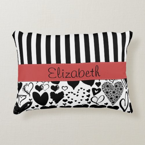 Heart Pattern Black Hearts Stripes Your Name Decorative Pillow