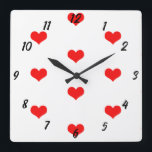 Heart Pattern Cute Red White Custom Valentines Day Square Wall Clock<br><div class="desc">Printed with cute red heart patterns on white custom color background! Customize as you wish.</div>