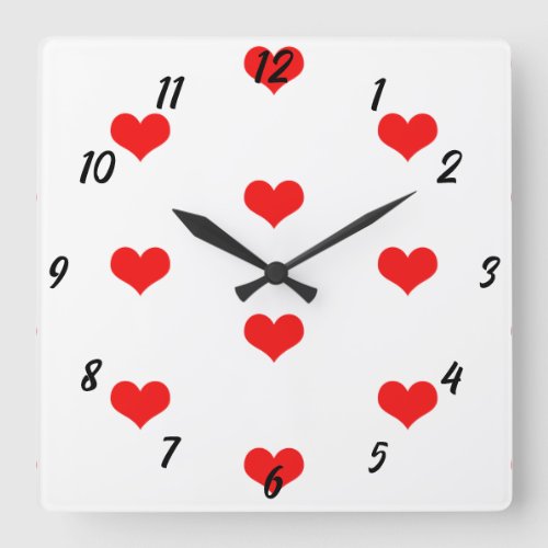Heart Pattern Cute Red White Custom Valentines Day Square Wall Clock