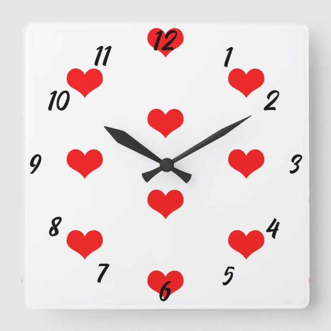 Heart Pattern Cute Red White Custom Valentines Day Square Wall Clock (Front)