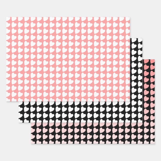 Heart Pattern in Black, White and Pink Wrapping Paper Sheets (Set)