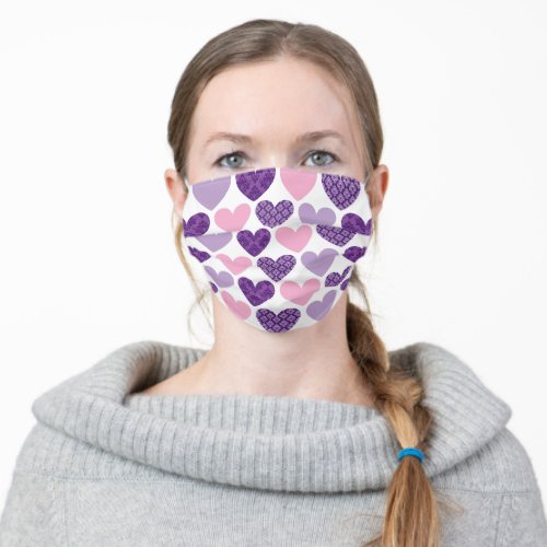 HEART PATTERN modern damask pretty pink purple Adult Cloth Face Mask