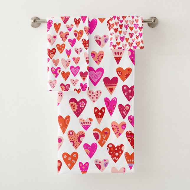 Heart Pattern Red Pink Modern Bath Towel Set (Insitu)