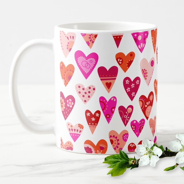 Heart Pattern Red Pink Modern Coffee Mug (Japandi hearts design coffee mug for Valentines day or any other day!)