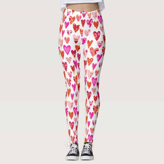 Heart Pattern Red Pink Modern Leggings (Front)