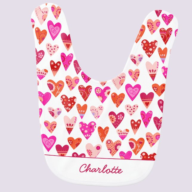 Heart Pattern Red Pink Personalized Baby Bib (Cute modern heart pattern personalized name baby bib)