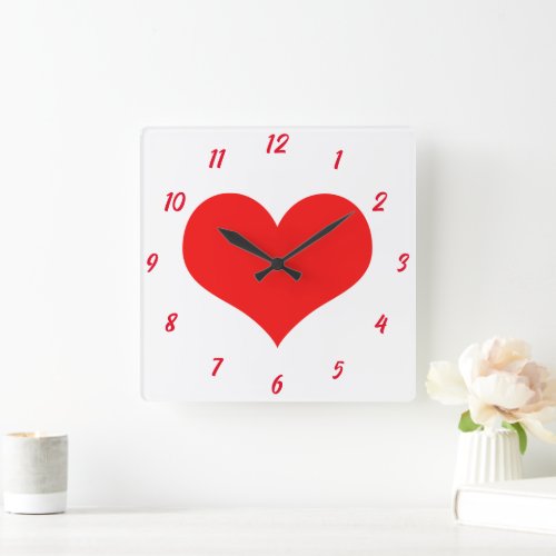 Heart Pattern Red White Cute Valentines Day Gift Square Wall Clock