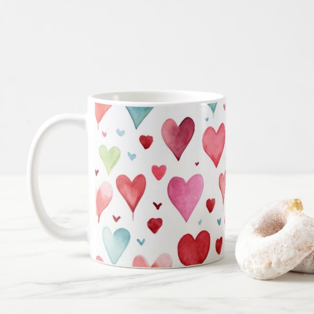 Heart Pattern Watercolor Modern Red Pink Blue Coffee Mug (With Donut)