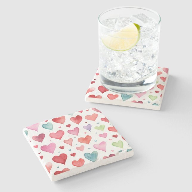 Heart Pattern Watercolor Modern Red Pink Blue Stone Coaster (Side)