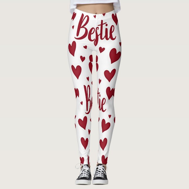 Heart pattern with "Bestie" text in cursive red Leggings (Front)