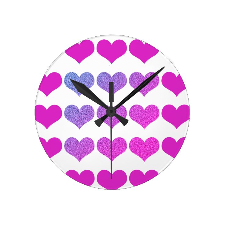 Heart Patterns Pink Purple Glitter Ombre Pretty Round Clock | Zazzle