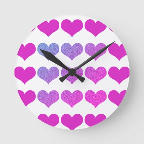 Heart Patterns Pink Purple Glitter Ombre Pretty Round Clock