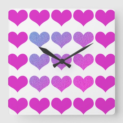 Heart Patterns Pink Purple Glitter Ombre Pretty Square Wall Clock
