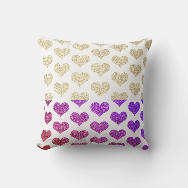 Heart Patterns Pink Purple Gold Glittery Ombre Outdoor Pillow (Front)