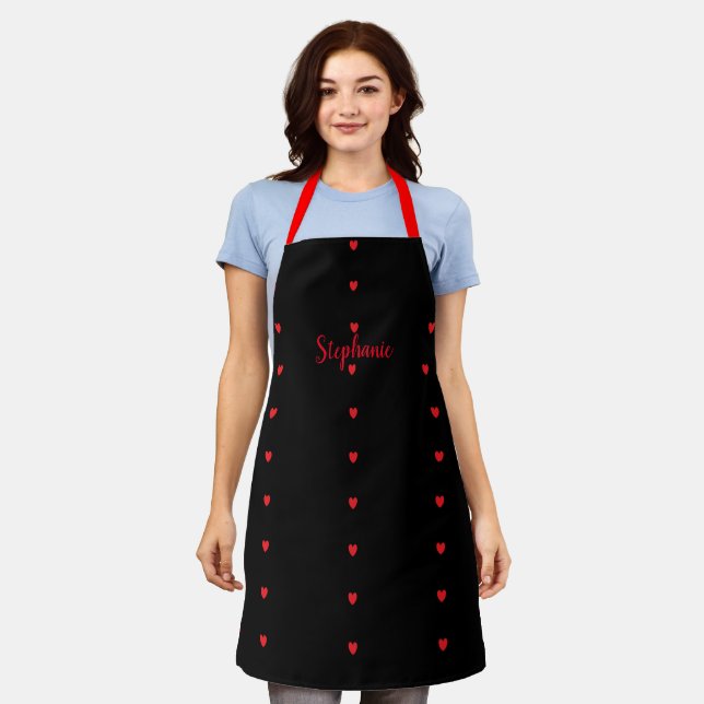 Heart Patterns Red Black Name Template Cute Gift Apron (Worn)