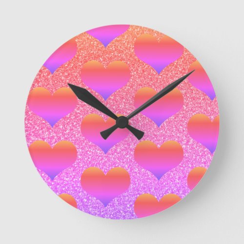 Heart Patterns Valentines Rose Gold Glittery Cute Round Clock