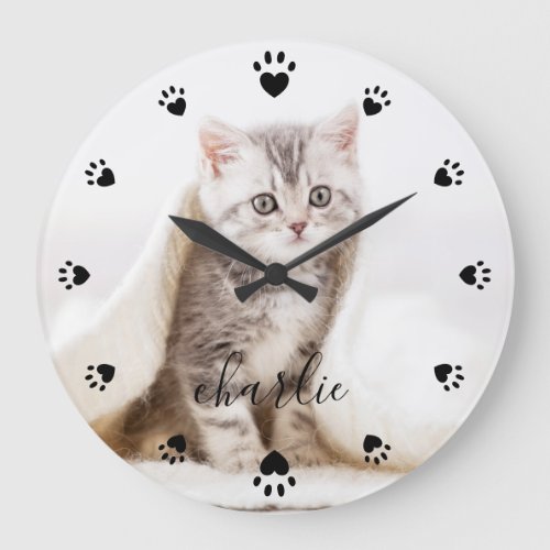 Heart Paw Prints Personalized Full Photo  Name Large Clock