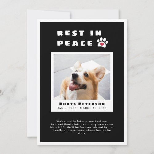 Heart Pawprint Rest In Peace Black Pet Loss Photo Announcement