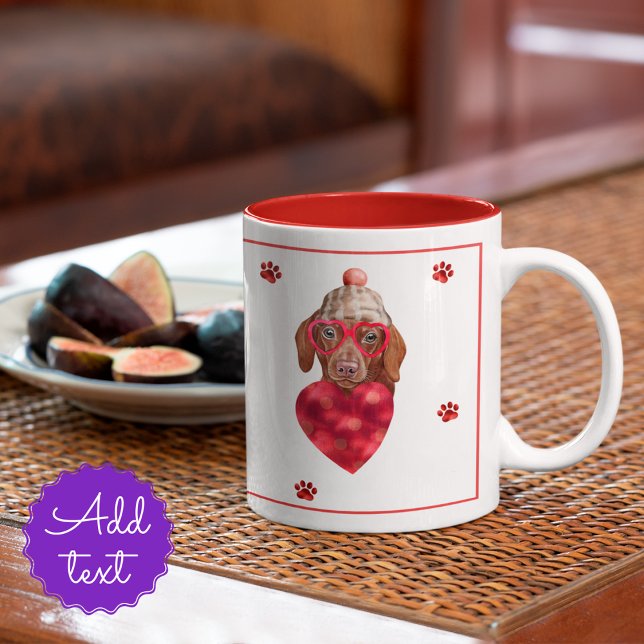 Heart Paws Brown Dachshund Valentines Day Gift Dog Two-Tone Coffee Mug (Creator Uploaded)