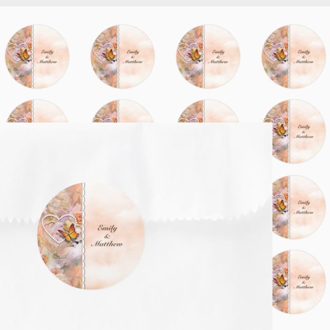 Heart Pearls Orange Roses Butterflies Floral Classic Round Sticker (Heart Pearls Orange Roses Butterflies Floral Classic Round Sticker)