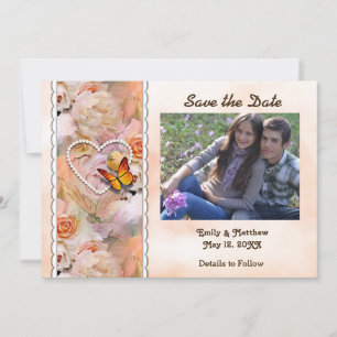 Heart Pearls, Orange Roses, Butterflies Save Date Save The Date