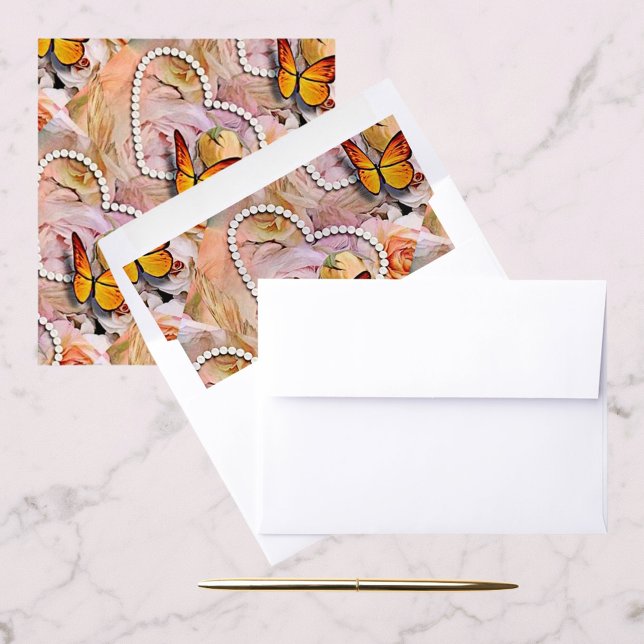 Heart Pearls Orange Roses Butterflies Wedding Envelope Liner (Heart Pearls Orange Roses Butterflies Wedding Envelope Liner)