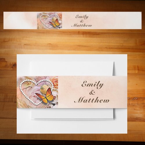 Heart Pearls Orange Roses  Butterflies Wedding Invitation Belly Band