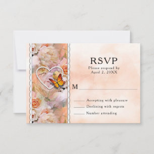 Heart Pearls, Orange Roses & Butterflies Wedding RSVP Card