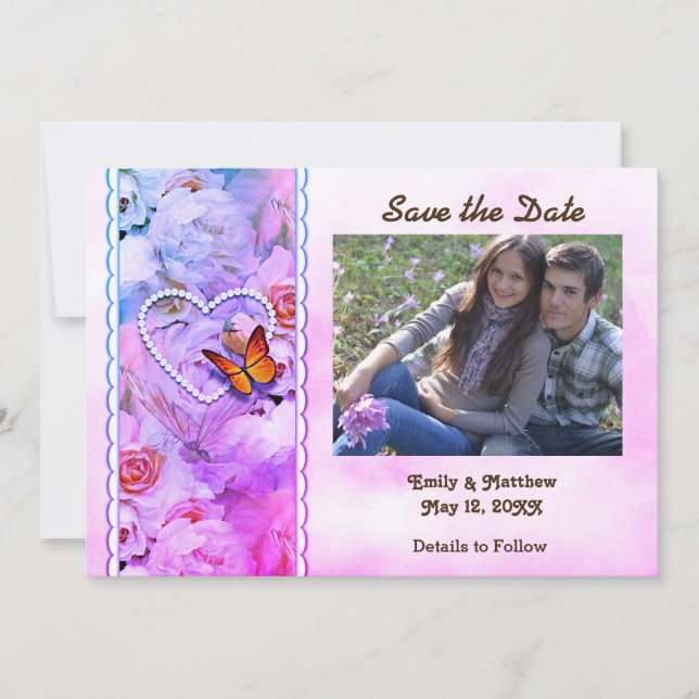 Heart Pearls, Pink Roses, Butterflies Save Date Save The Date (Front)