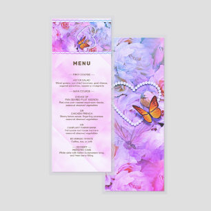 Heart Pearls Pink Roses Butterflies Wed Laminated Menu
