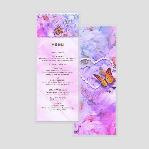 Heart Pearls Pink Roses Butterflies Wed Laminated Menu