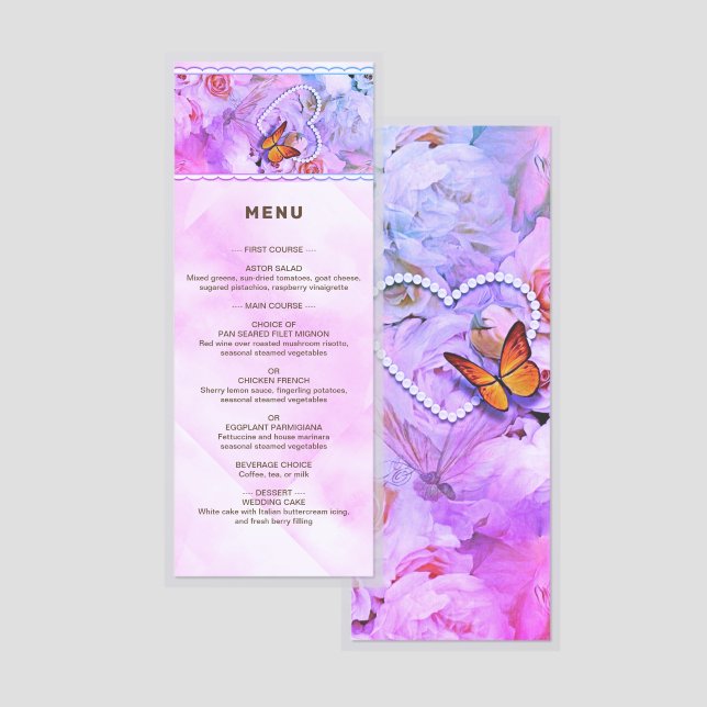 Heart Pearls Pink Roses Butterflies Wed Laminated Menu (Front/Back)