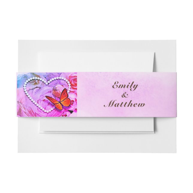 Heart Pearls Pink Roses & Butterflies Wedding Invitation Belly Band (Front Example)