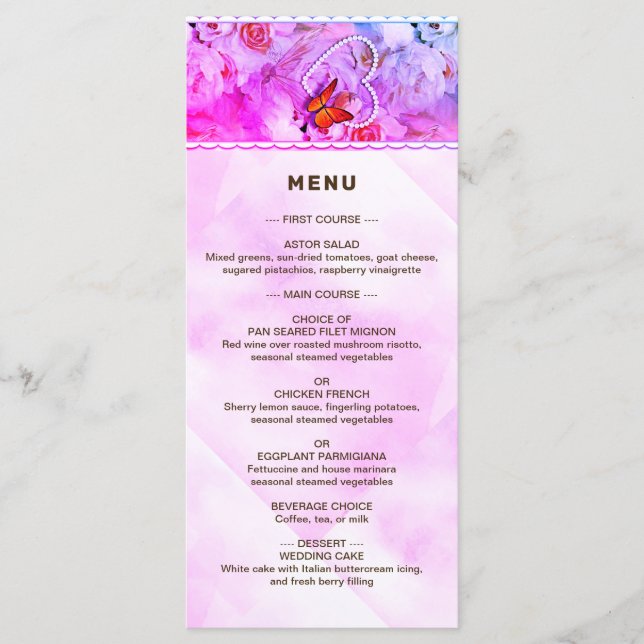 Heart Pearls Pink Roses Butterflies Wedding Menu (Front)
