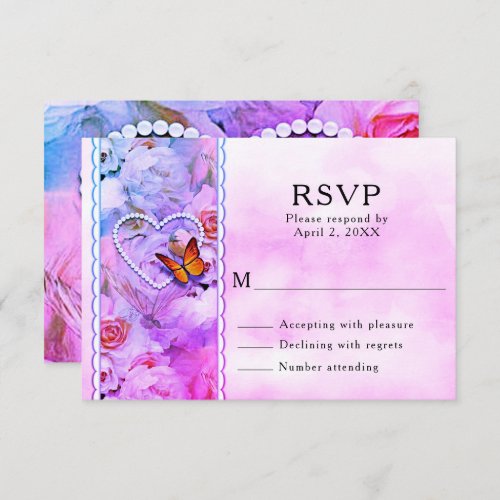 Heart Pearls Pink Roses  Butterflies Wedding RSVP Card