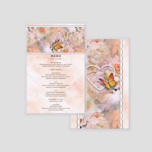 Heart Pearls Roses Butterflies Orange Wedding Menu